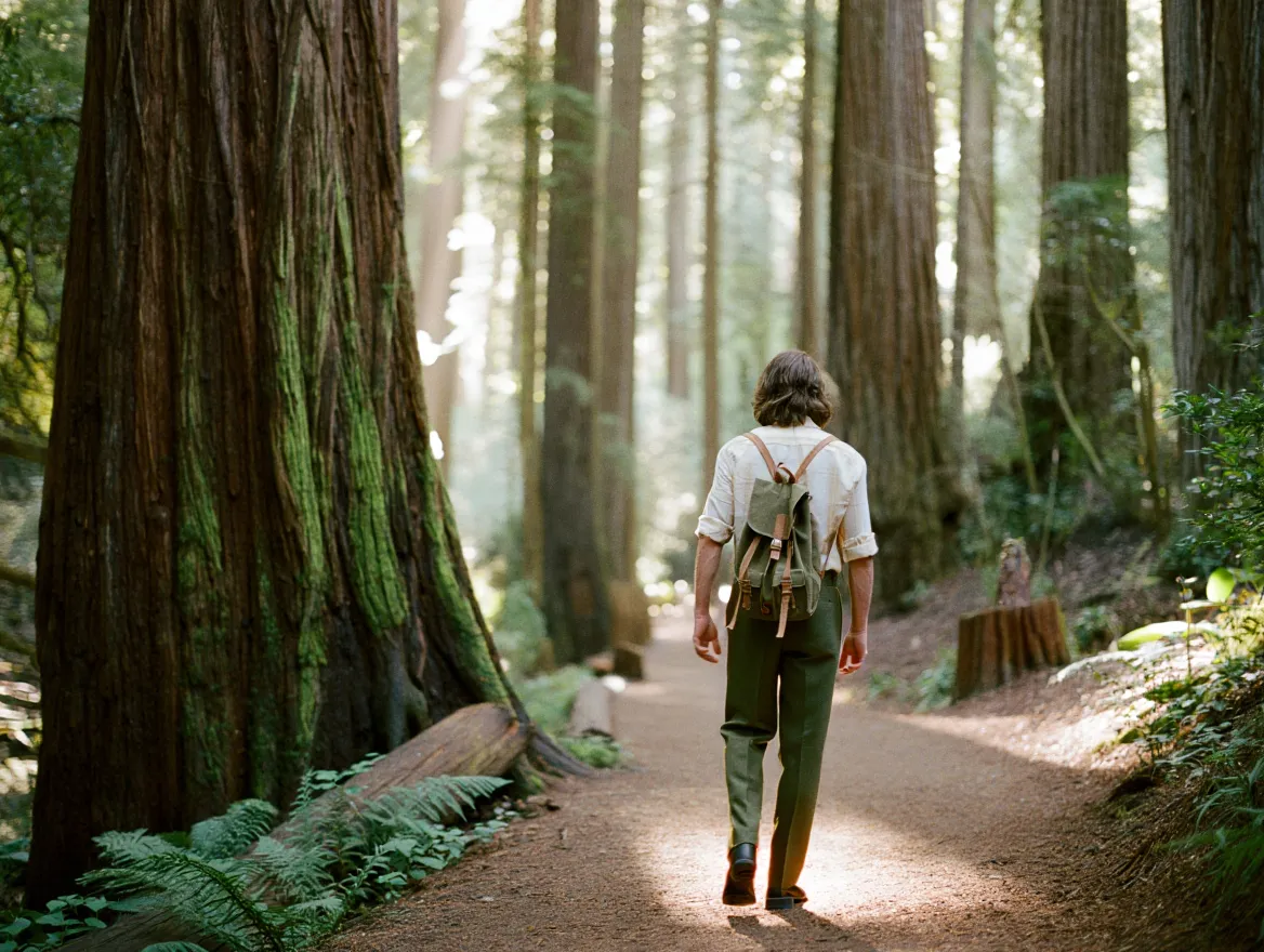 Person walking along a peaceful path surrounded by nature during morning light
