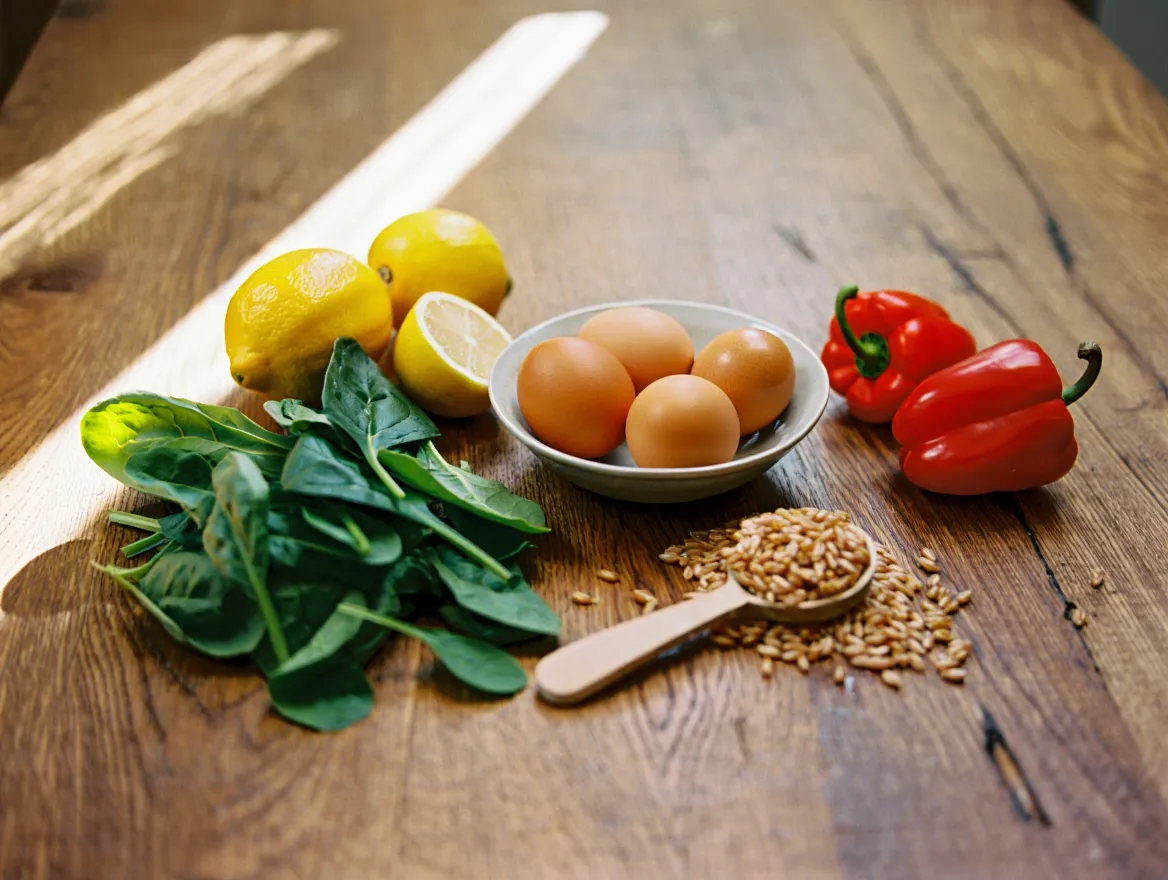 Fresh whole foods arranged on a wooden table including vegetables fruits and grains