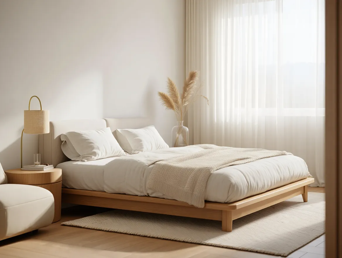 A calm minimalist bedroom with soft natural light and neutral tones